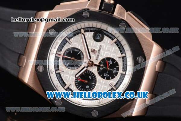 Audemars Piguet Royal Oak Offshore Chrono Miyota OS Quartz Rose Gold Case with White Dial Black Rubber Strap and Black Subdials (EF) - Click Image to Close